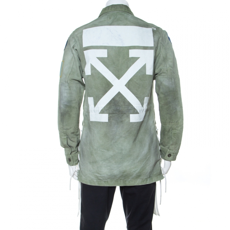 Pre Owned Off White Khaki Green Cotton Worn Out Look Patch Appliqué Field Jacket XS