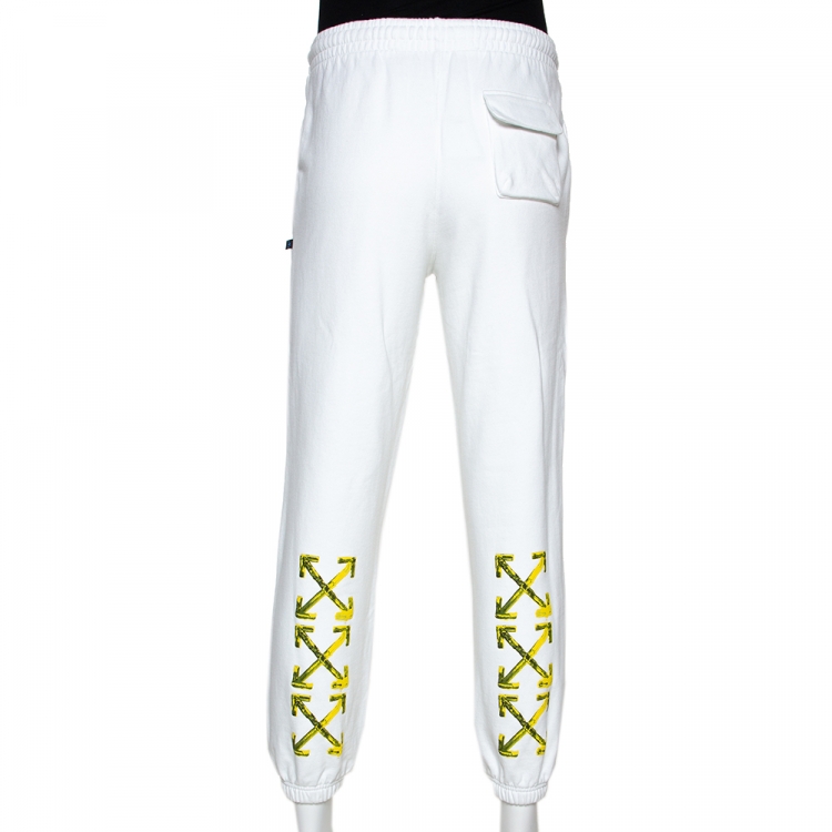 Pre Owned Off White White Cotton Yellow Logo Print Track Pants L