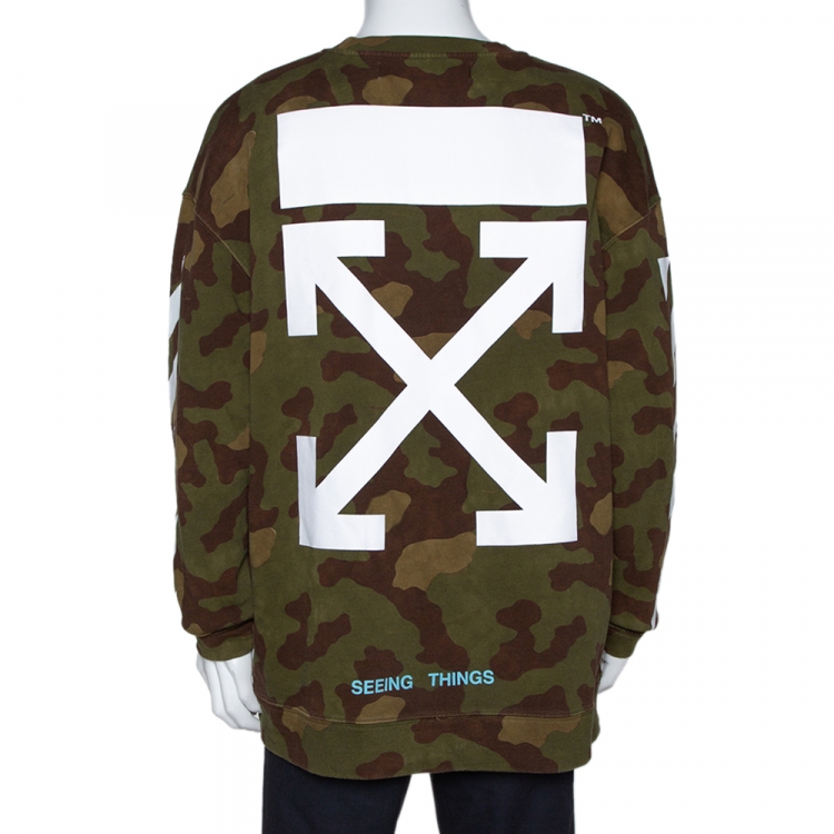 Pre Owned Off-White Green Diagonal Camouflage Print Cotton Sweatshirt S