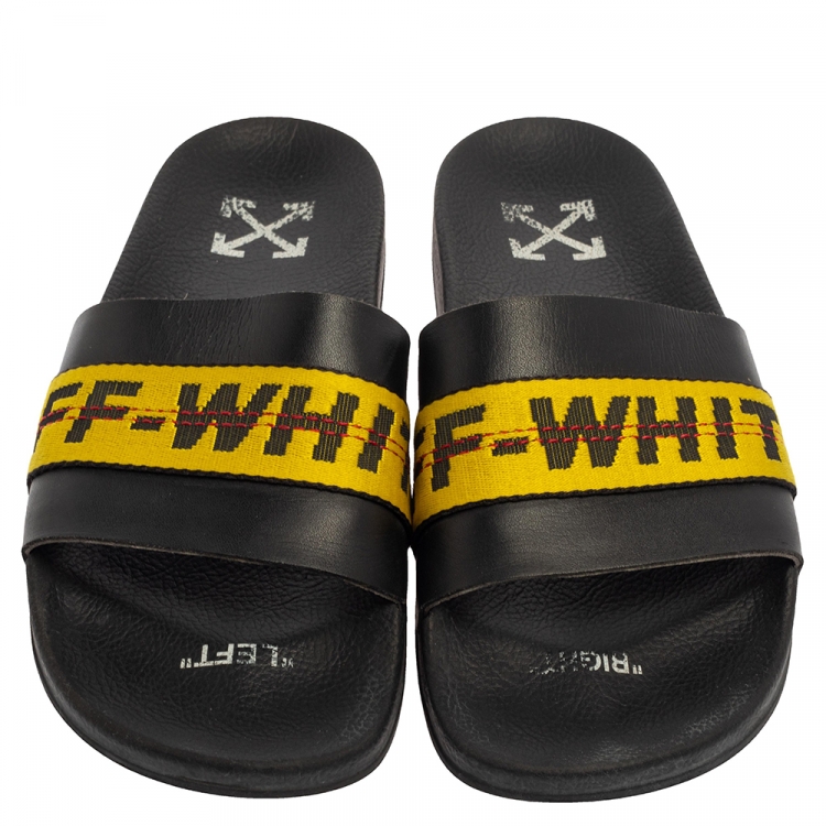 Pre Owned Off-White Black Leather Logo Slide Sandals Size 42