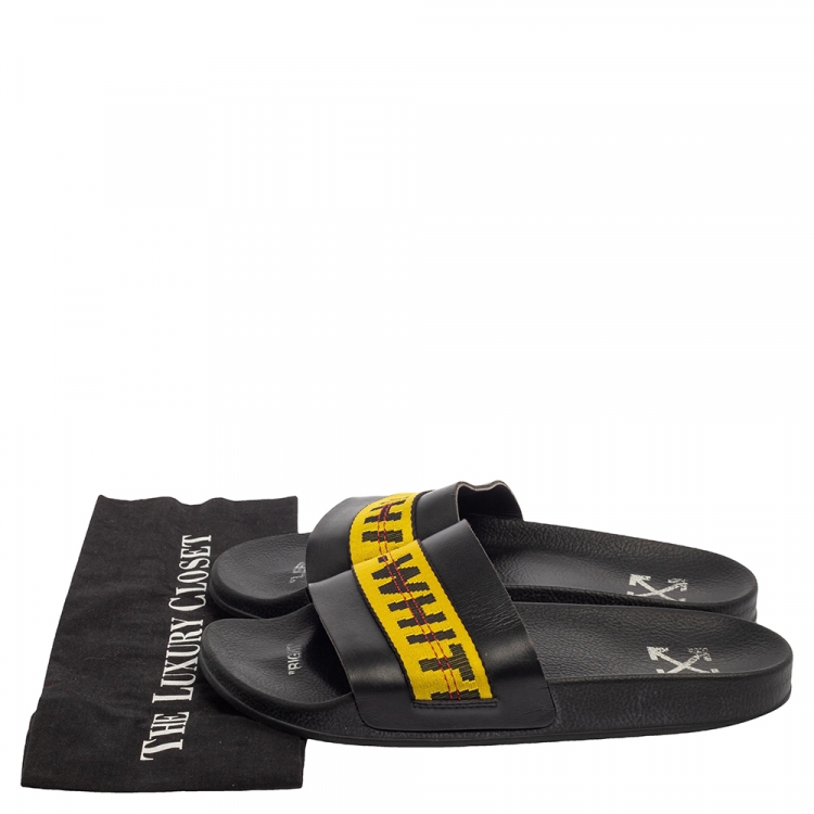 Pre Owned Off-White Black Leather Logo Slide Sandals Size 42