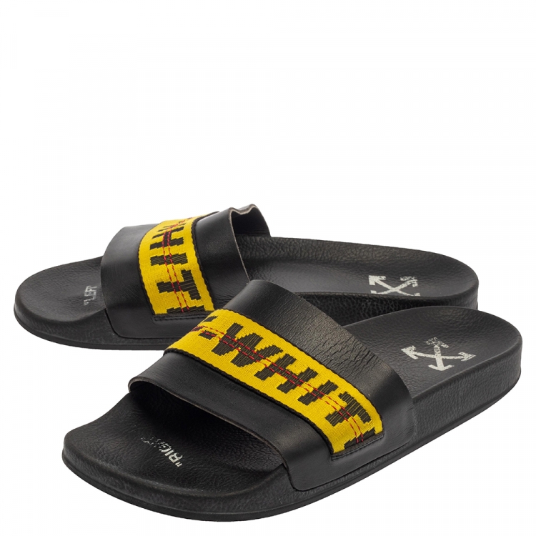 Pre Owned Off-White Black Leather Logo Slide Sandals Size 42