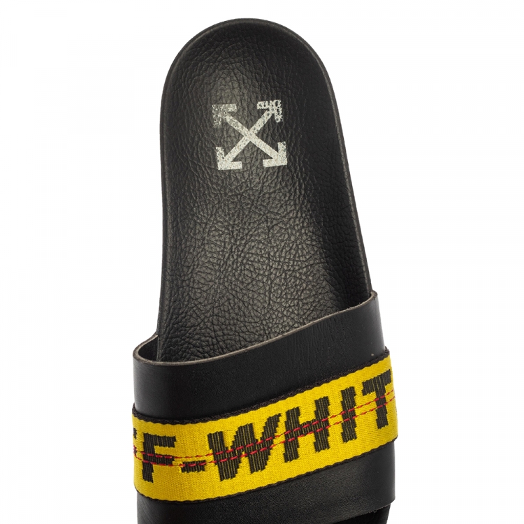 Pre Owned Off-White Black Leather Logo Slide Sandals Size 42