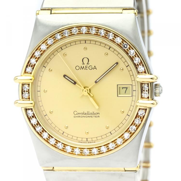 Pre Owned Omega Champagne 18K Yellow Gold and Stainless Steel Diamond Constellation Men's Wristwatch 33MM