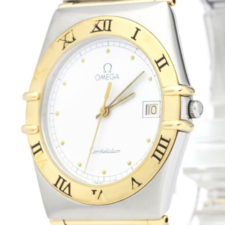 Pre Owned Omega White 18K Yellow Gold and Stainless Steel Constellation Men's Wristwatch 33MM