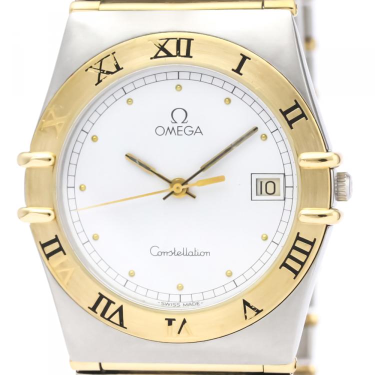 Pre Owned Omega White 18K Yellow Gold and Stainless Steel Constellation Men's Wristwatch 33MM