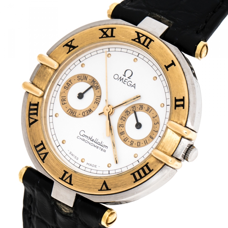 Pre Owned Omega White Stainless Steel 18K Yellow Gold Vintage Constellation 198.0145 Women's Wristwatch 34 mm