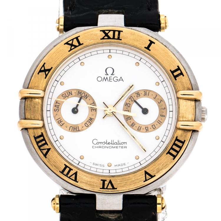 Pre Owned Omega White Stainless Steel 18K Yellow Gold Vintage Constellation 198.0145 Women's Wristwatch 34 mm