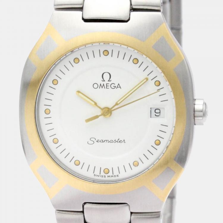 Pre Owned Omega White 18k Yellow Gold And Stainless Steel Seamaster 396.1022 Quartz Men's Wristwatch 31 mm
