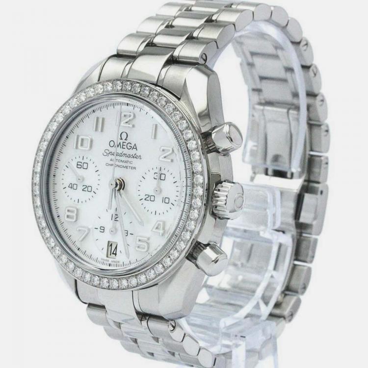 Pre Owned Omega White Shell Stainless Steel Speedmaster 324.15.38.40.05.001 Automatic Men's Wristwatch 38 mm