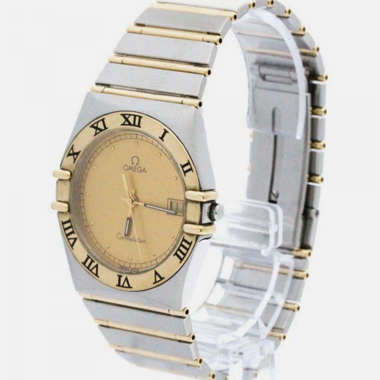 مملوكة مسبقًا Omega Gold 18k Yellow Gold Stainless Steel Constellation 396.1070 Quartz Men's Wristwatch 33 mm