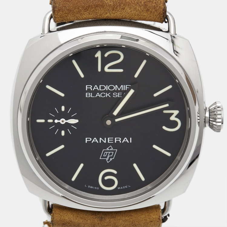 Pre Owned Panerai Black Stainless Steel Leather Radiomir Black Seal PAM00183 Men's Wristwatch 45 mm