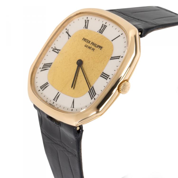 Pre Owned Patek Philippe White 18K Yellow Gold and Leather Ellipse 3855 Men's Wristwatch 30MM