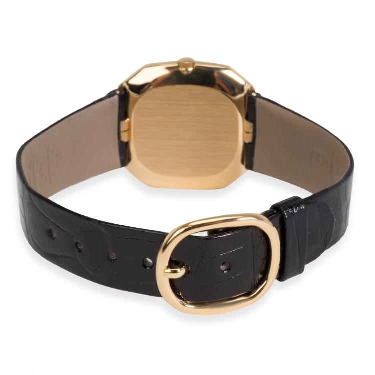 Pre Owned Patek Philippe White 18K Yellow Gold and Leather Ellipse 3855 Men's Wristwatch 30MM