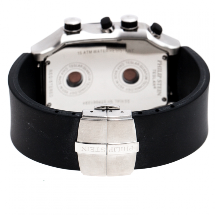 Pre Owned Philip Stein Black Stainless Steel Rubber Teslar Dual Time Chronograph Men's Wristwatch 37 mm