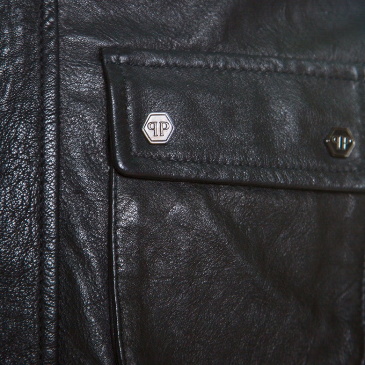 Pre Owned Philipp Plein Black Skull Motif Leather Biker Jacket M