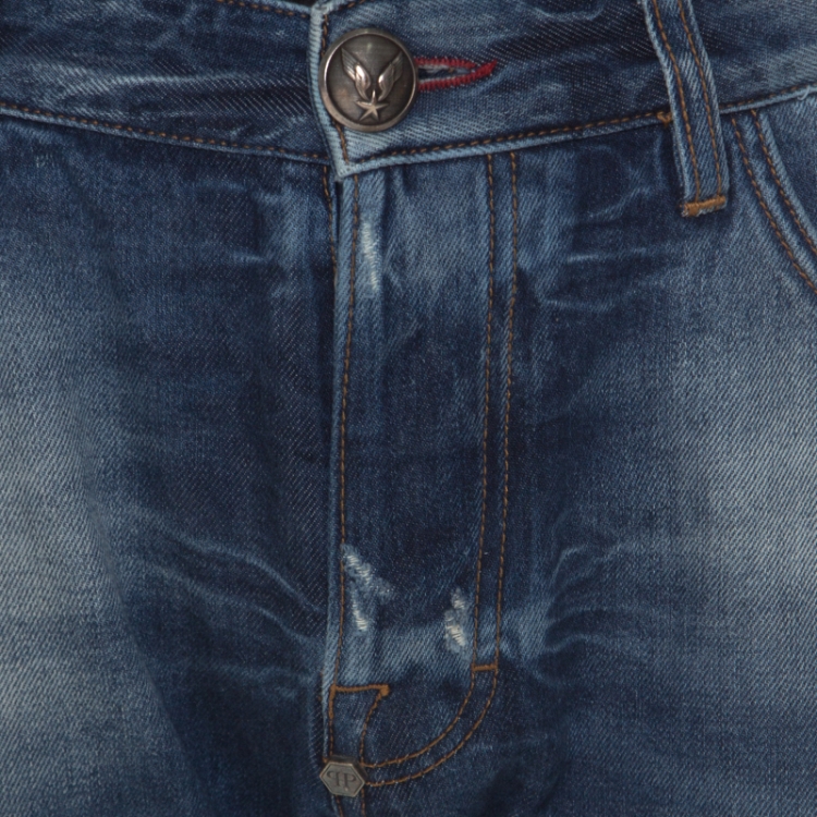 Pre Owned Philipp Plein Illegal Fight Club Indigo Faded Effect Denim Distressed Miami Cut Shorts S