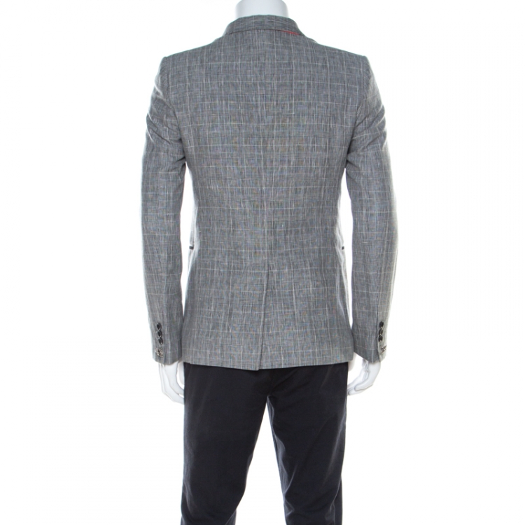Pre Owned Philipp Plein Grey Plaid Linen and Wool Skull Motif Blazer M 
