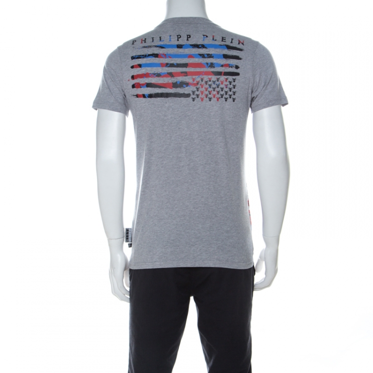 Pre Owned Philipp Plein Grey Cotton Crystal Embellished Liberty Skull T-Shirt M