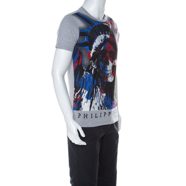 Pre Owned Philipp Plein Grey Cotton Crystal Embellished Liberty Skull T-Shirt M