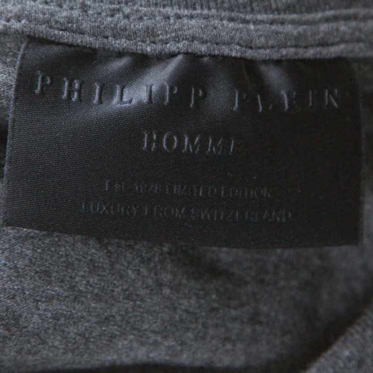 Pre Owned Phillip Plein Charcoal Grey Jersey Crystal Embellished Philipp Tiger T-Shirt S