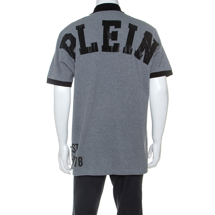 Pre Owned Philipp Plein Grey Cotton Crystal Detail Polo Shirt 3XL