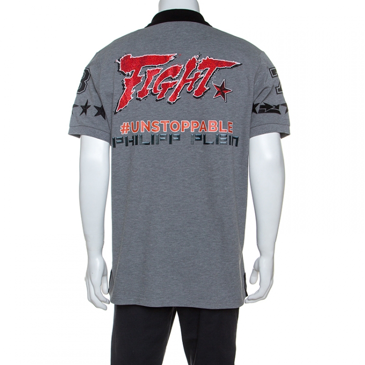 Pre Owned Philipp Plein Grey Cotton Embellished Detail Unstoppable Polo T-Shirt 3XL