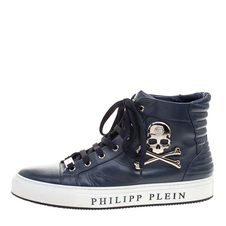 Philipp Plein Navy Blue Leather High Sneakers Size Plein | TLC
