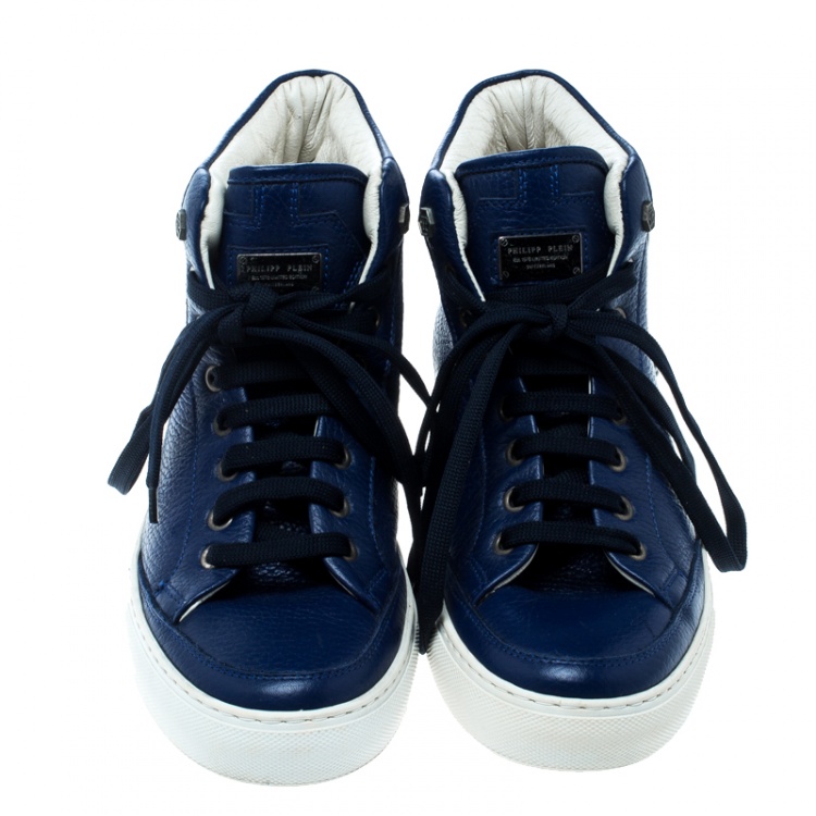 Pre Owned Philipp Plein Blue Leather Skull High Top Sneakers Size 40