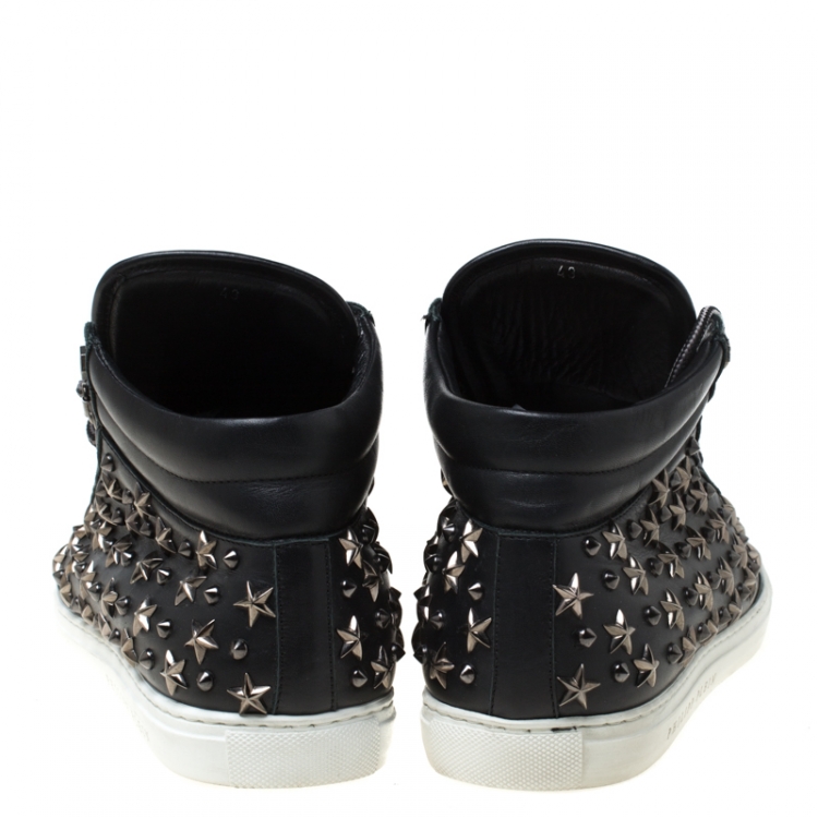 Pre Owned Philipp Plein Black Leather Star And Spike Studded High Top Sneakers Size 43