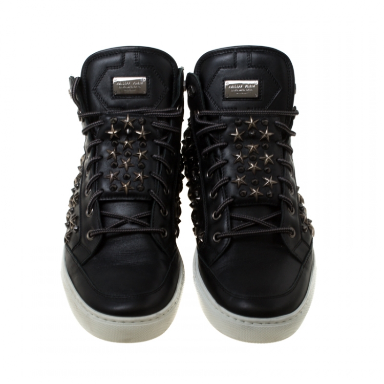 Pre Owned Philipp Plein Black Leather Star And Spike Studded High Top Sneakers Size 43