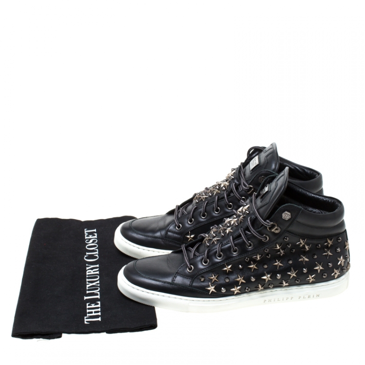 Pre Owned Philipp Plein Black Leather Star And Spike Studded High Top Sneakers Size 43
