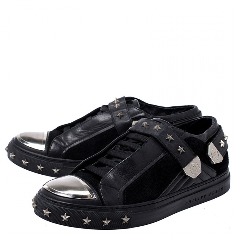 Pre Owned Philipp Plein Black Leather And Suede Star Studded Metal Cap Toe Low Top Sneakers Size 40