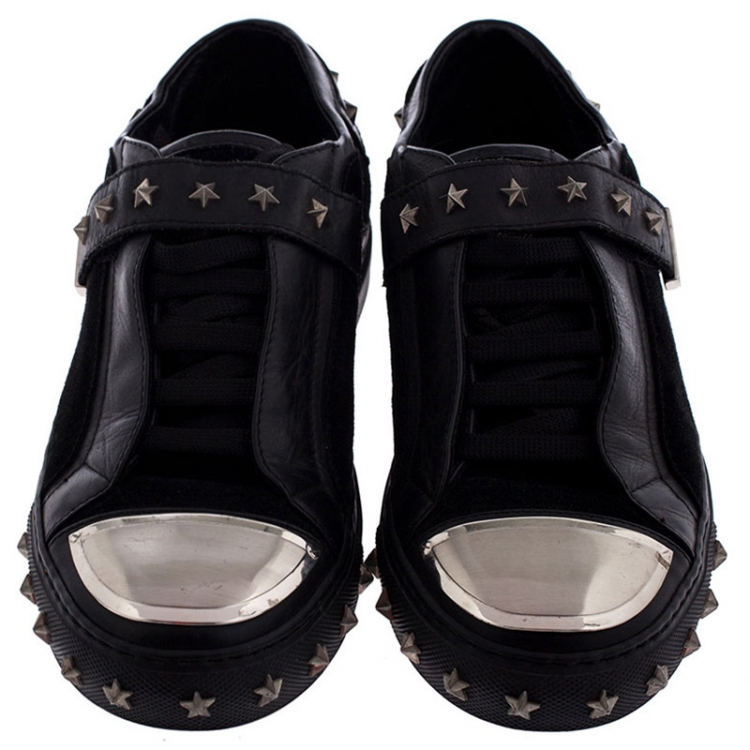 Pre Owned Philipp Plein Black Leather And Suede Star Studded Metal Cap Toe Low Top Sneakers Size 40