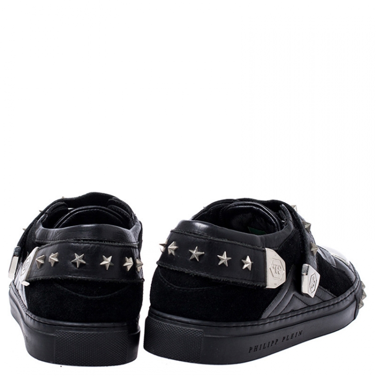 Pre Owned Philipp Plein Black Leather And Suede Star Studded Metal Cap Toe Low Top Sneakers Size 40