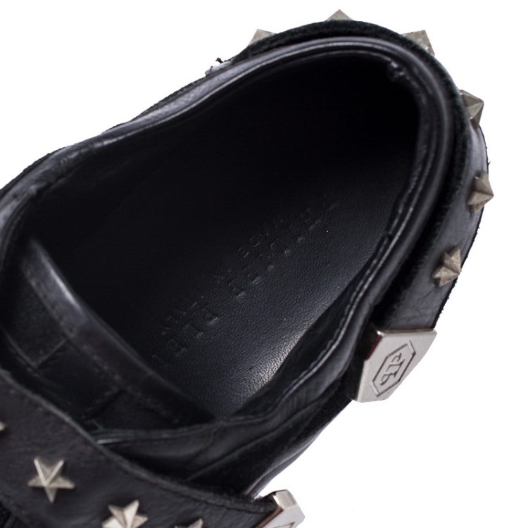 Pre Owned Philipp Plein Black Leather And Suede Star Studded Metal Cap Toe Low Top Sneakers Size 40
