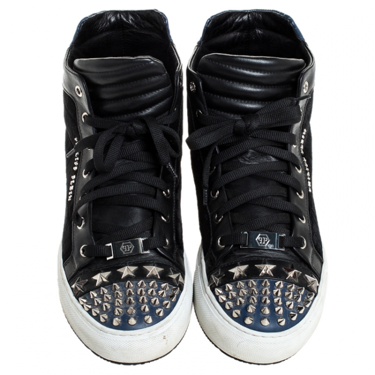 Pre Owned Philipp Plein Black/Blue Leather And Velvet Star And Spike Studded High Top Sneakers Size 42