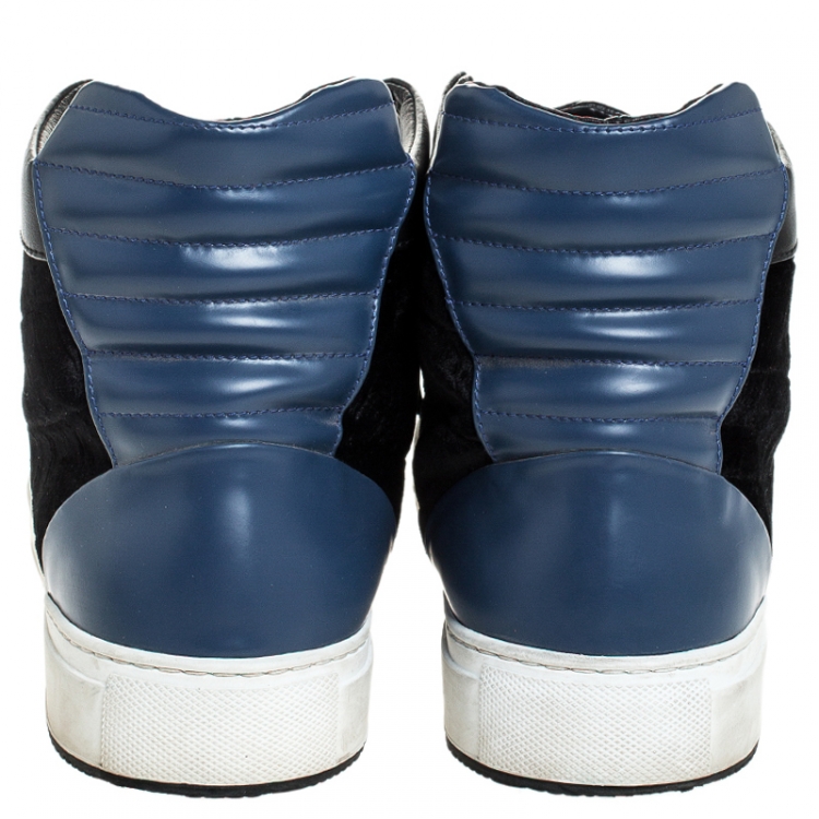 Pre Owned Philipp Plein Black/Blue Leather And Velvet Star And Spike Studded High Top Sneakers Size 42