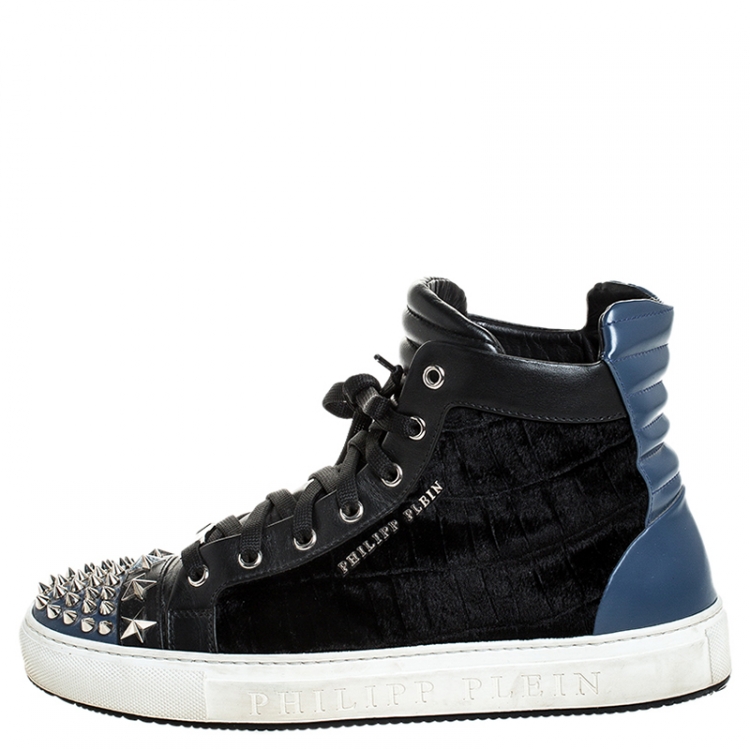 Philipp Plein Black/Blue Leather And Velvet Star And Spike Studded High Top Sneakers  Size 42 Philipp Plein