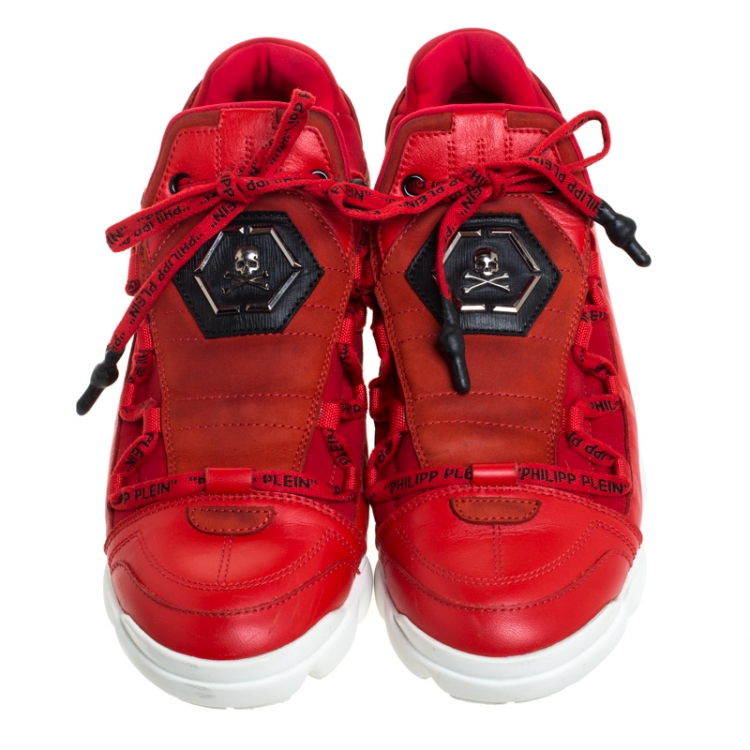 Pre Owned Philipp Plein Red Leather And Stretch Fabric Low Top Sneakers Size 40