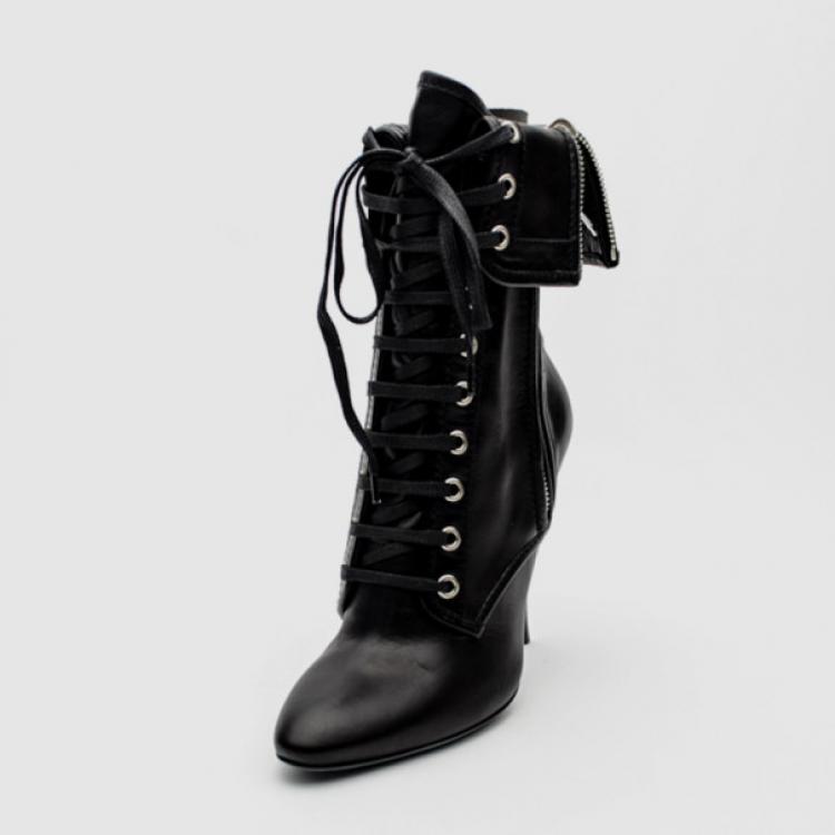 Pre Owned Giuseppe Zanotti For Pierre Balmain Black Leather Lace-Up Folded Boots Size 37