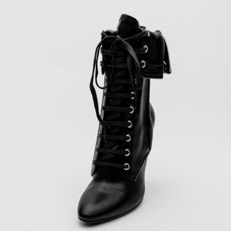 Pre Owned Giuseppe Zanotti For Pierre Balmain Black Leather Lace-Up Folded Boots Size 37