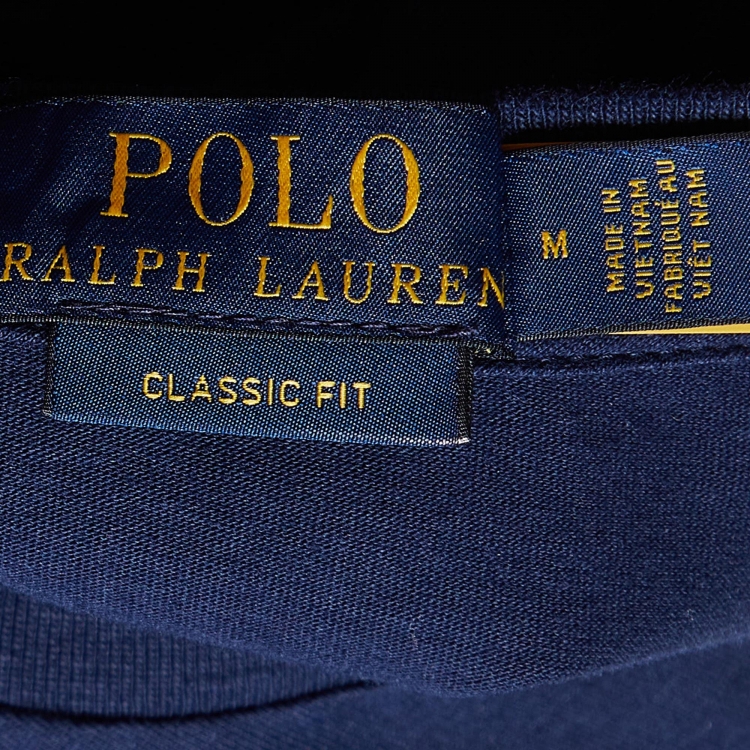 Pre Owned Polo Ralph Lauren Navy Blue Logo Print Cotton Crew Neck T-Shirt M