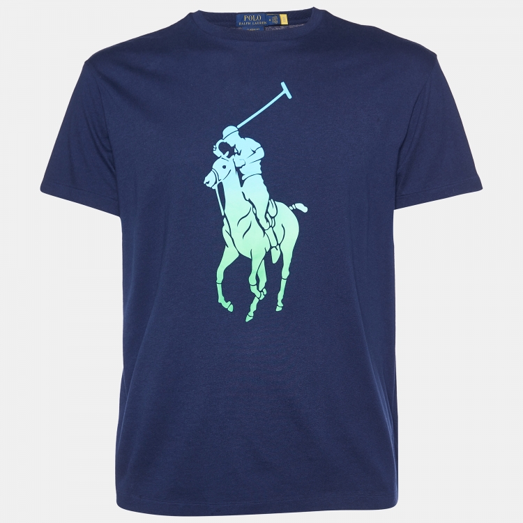 Pre Owned Polo Ralph Lauren Navy Blue Logo Print Cotton Crew Neck T-Shirt M