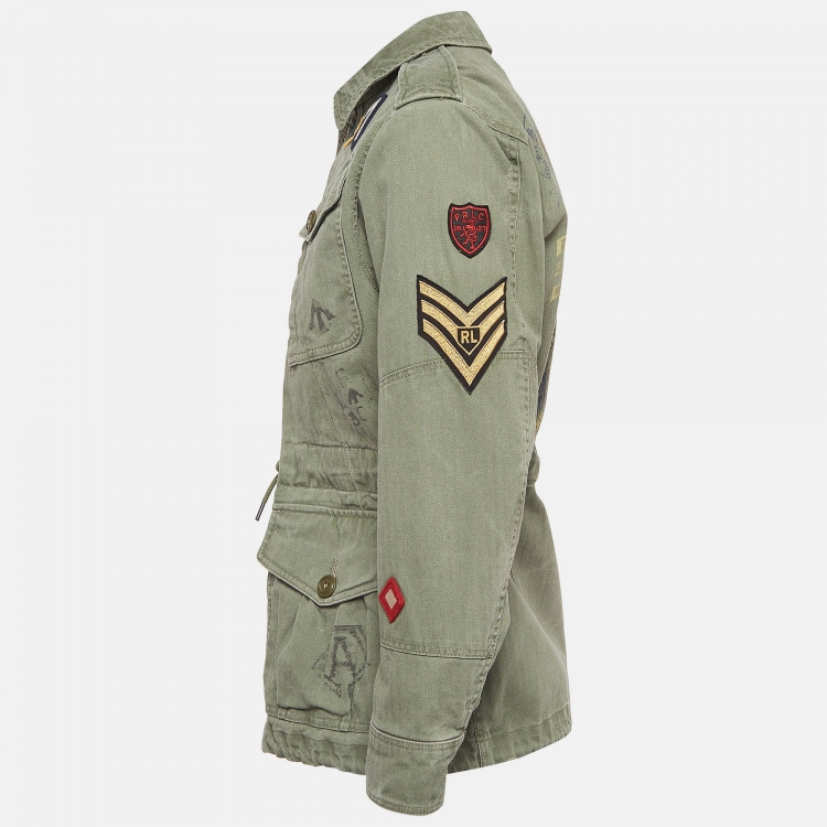 Pre Owned Polo Ralph Lauren Green Applique Cotton Field Jacket S