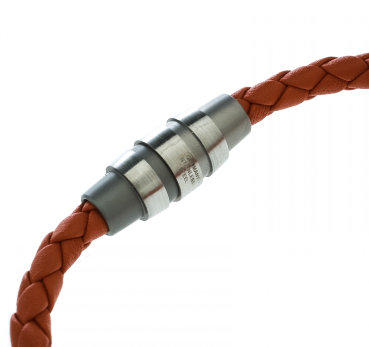 Pre Owned Porsche Design Grooves Orange Braided Leather Stainless Steel Bracelet