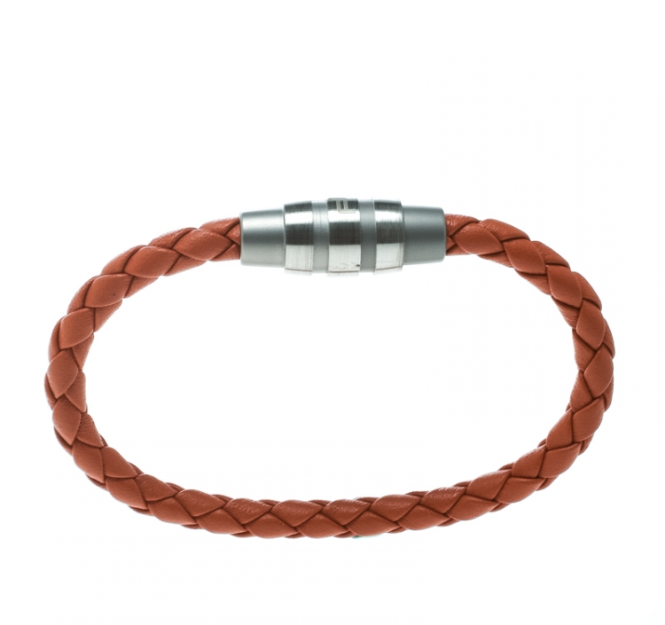 Pre Owned Porsche Design Grooves Orange Braided Leather Stainless Steel Bracelet
