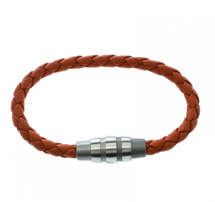 Pre Owned Porsche Design Grooves Orange Braided Leather Stainless Steel Bracelet