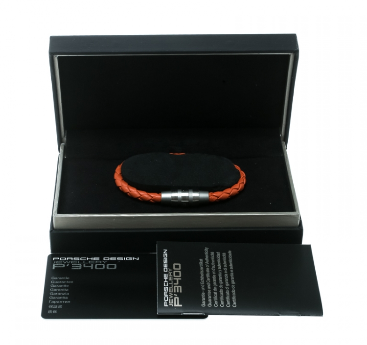 Pre Owned Porsche Design Grooves Orange Braided Leather Stainless Steel Bracelet