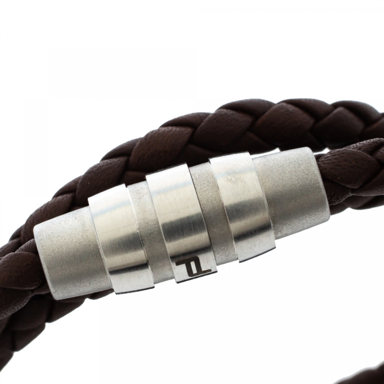 Pre Owned Porsche Design Grooves Brown Leather Stainless Steel Triple Wrap Bracelet